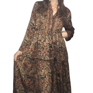 CIENNA Boho Paisley Dress Sz S Maxi Silk Blend Tie Neck Tiered 70's Vibe Peasant
